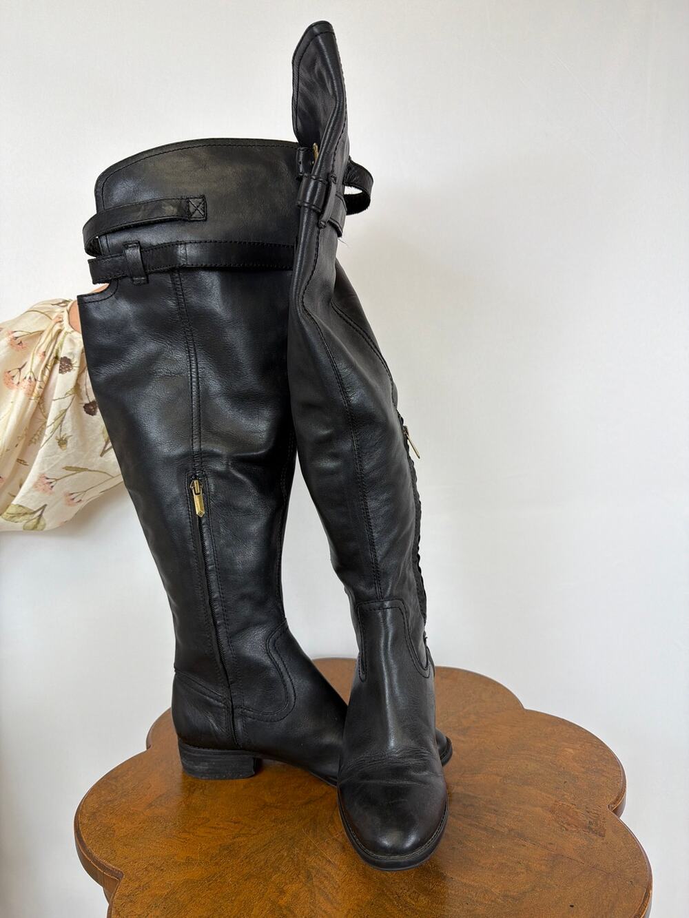 Sam Edelman Black Leather Tall Over The Knee Buckle Zip Riding Boots Size 7.5